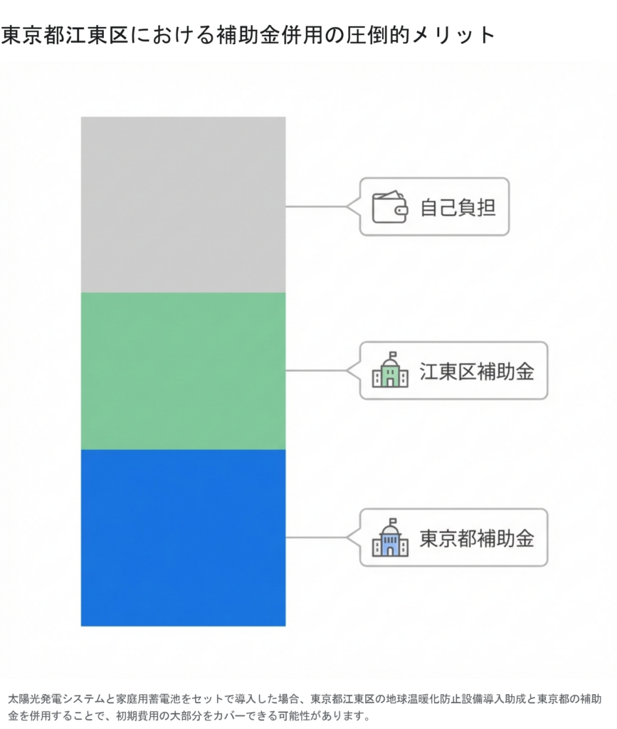 東京都江東区の補助金と東京都の補助金を併用した場合の初期費用削減を示す積み上げグラフのインフォグラフィック