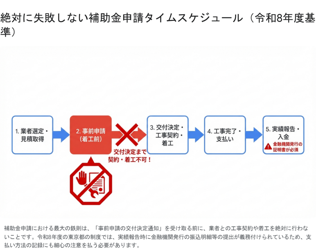 令和8年度基準の太陽光・蓄電池補助金申請に関する着工前申請から入金までのタイムスケジュール図