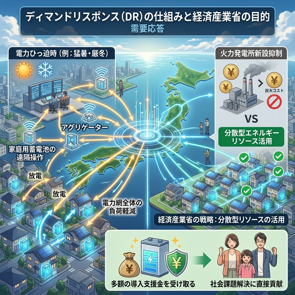 経済産業省(METI)が推進するディマンドリスポンス(DR)の仕組みを解説するインフォグラフィック。日本地図を中心に、猛暑や厳冬などの電力ひっ迫時に家庭用蓄電池を遠隔操作して放電させる「需要応答」の流れと、火力発電所新設抑制と分散型エネルギーリソース活用の目的を視覚化。導入支援金を受け取ることで、電力網全体の負荷軽減と社会課題解決に貢献できるメリットがわかる。