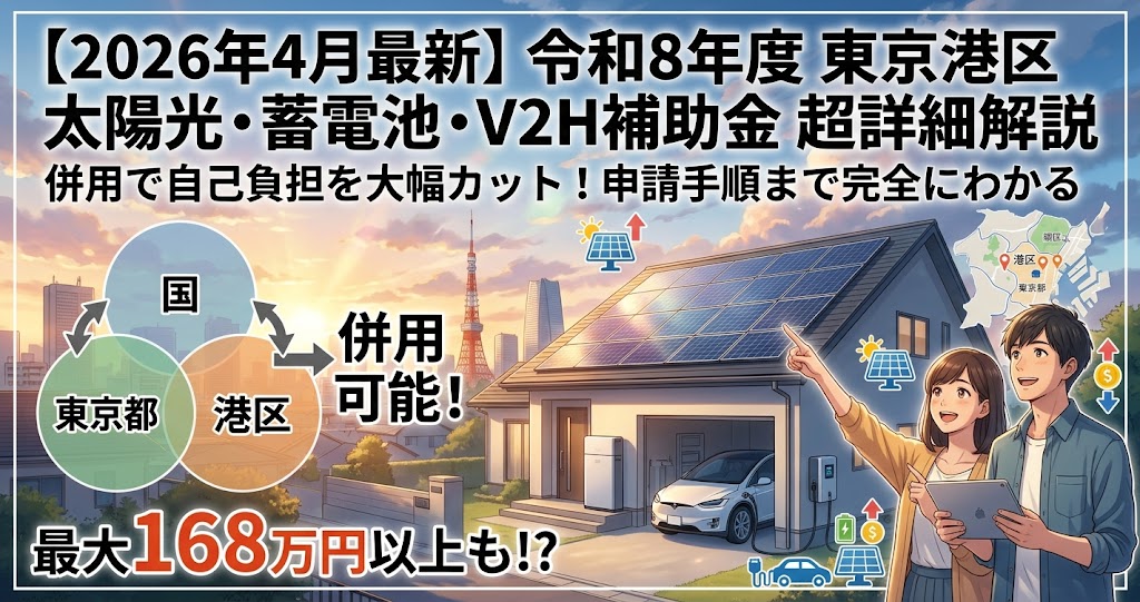 【2026年4月最新】令和8年度東京港区の太陽光発電・家庭用蓄電池・V2H補助金の詳細解説記事用アイキャッチ画像。国・都・区の補助金併用で最大168万円以上削減できる可能性や申請手順をわかりやすくまとめたインフォグラフィック。東京タワーとソーラーパネル設置住宅、地図、笑顔の夫婦が描かれている。