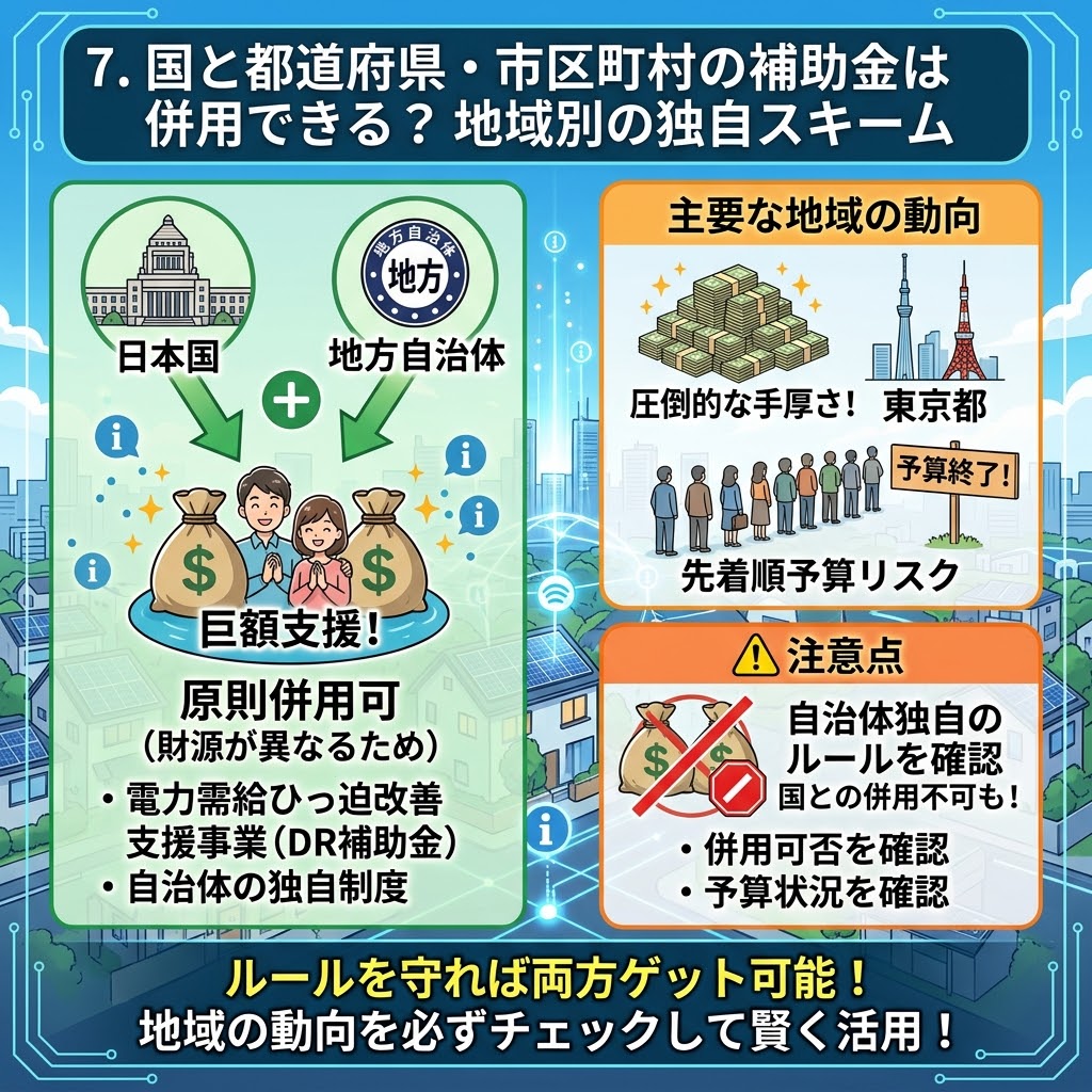 国と地方自治体の補助金の併用可能性とその注意点を解説するインフォグラフィック。『電力需給ひっ迫改善支援事業(DR補助金)』と地方自治体の独自制度は、財源が異なるため原則併用可能であることを、国会議事堂と地方政府のイラスト、そして巨額支援の金袋で表現。『東京都』のように手厚い事例や、『先着順予算リスク(予算終了!)』、『⚠️注意点(自治体により併用不可)』のように独自ルールを確認する必要性を警告。下部には『ルールを守れば両方ゲット可能!地域の動向を必ずチェックして賢く活用!』というメッセージが記載されている。