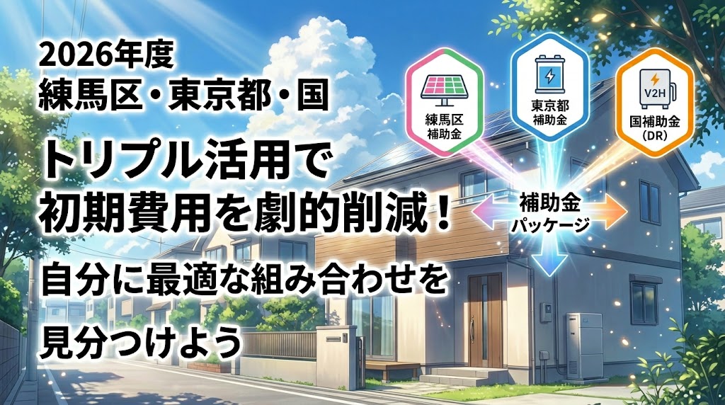 2026年度の練馬区、東京都、国の太陽光発電、蓄電池、V2H補助金のトリプル活用による初期費用削減を説明する新海誠風アニメ画像。練馬区補助金(太陽光)、東京都補助金(蓄電池)、国補助金(V2H)のアイコンと、自分に最適な組み合わせを見分けようというテキスト付き。