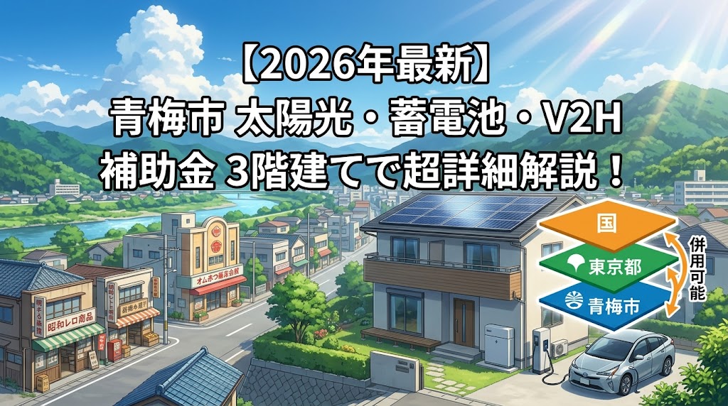 【2026年最新】東京青梅市の太陽光・蓄電池・V2H補助金の詳細解説インフォグラフィック。国・都・市の3階建て構造と併用可能性を示す。新海誠風アニメ調の青梅市風景と住宅。