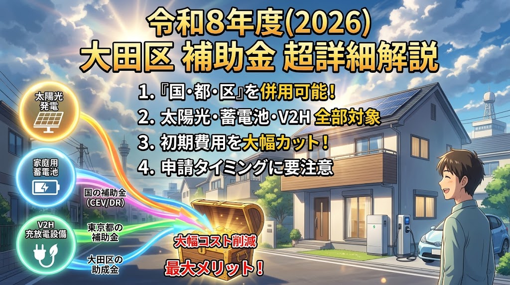 令和8年度（2026）大田区の太陽光発電、家庭用蓄電池、V2H充放電設備に関する補助金制度の超詳細解説インフォグラフィック。メインタイトルと4つの重要ポイント（国・都・区の併用、全部対象、コストカット、申請タイミング）が記載されている。左側のアイコンとフローが、各補助金が宝箱（大幅コスト削減メリット）へ流れ込む様子を示している。右側には、設備を導入した住宅と笑顔の男性が描かれている。