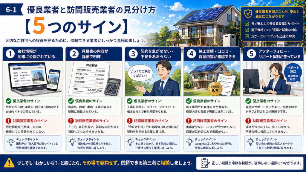 優良な太陽光発電業者と訪問販売業者を見分ける5つのサインをわかりやすく解説する画像