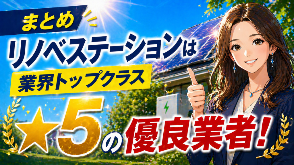 リノベステーションが太陽光発電と蓄電池で業界トップクラスの星5評価を持つ優良業者であることを示したまとめ画像