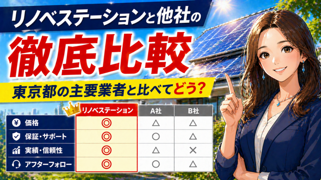 リノベステーションと他社を東京都の太陽光発電と蓄電池業者で比較した評価ポイントを分かりやすく示した画像