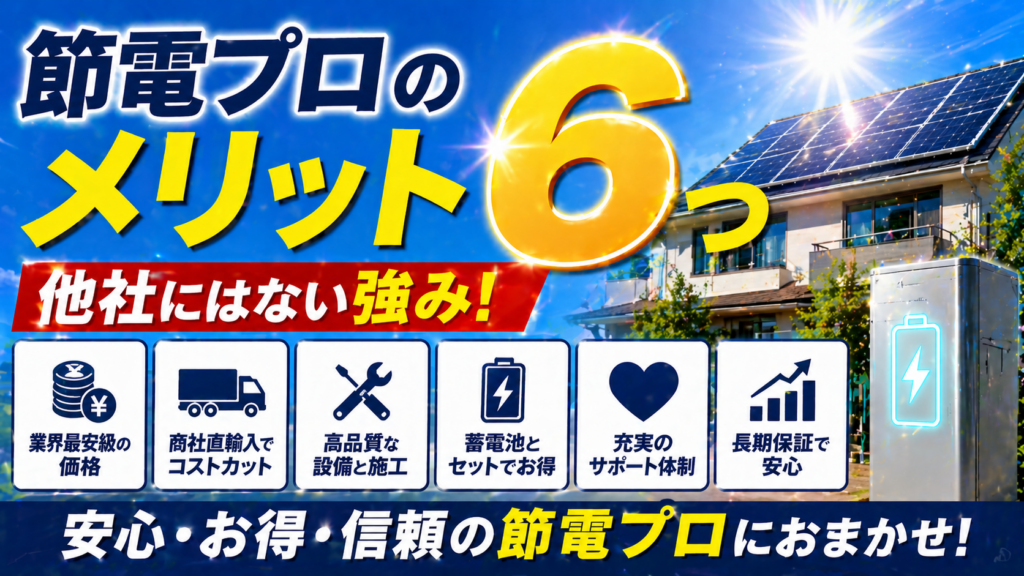 節電プロのメリットや強みについて太陽光発電と蓄電池の観点から他社と比較し分かりやすくまとめたアイキャッチ画像