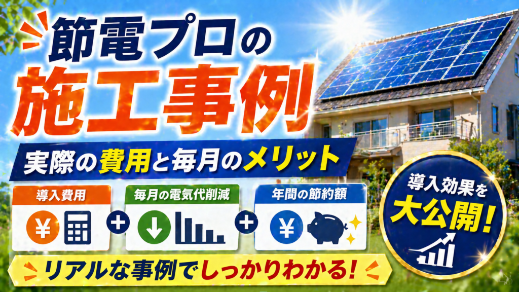 節電プロの施工事例として太陽光発電と蓄電池の実際の導入費用や毎月の電気代削減などのメリットを分かりやすく紹介したアイキャッチ画像