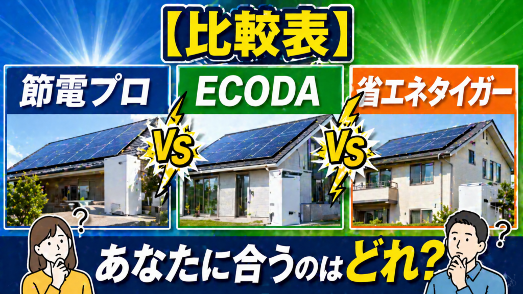 節電プロとECODAと省エネタイガーを太陽光発電と蓄電池の観点で比較し自分に合うサービスを選べるようにした比較表のアイキャッチ画像
