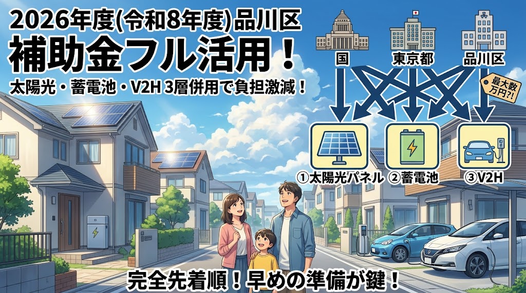 2026年度（令和8年度）品川区の太陽光発電・蓄電池・V2H補助金の全体像と戦略を解説するアイキャッチ画像。青空の下、太陽光パネルが設置された住宅街と笑顔の3人家族（父、母、子供）。国、東京都、品川区から3つの設備（太陽光パネル、蓄電池、V2H）へ補助金が流れる様子を矢印とアイコンで可視化。上部には「2026年度（令和8年度）品川区 補助金フル活用！」の大きな文字。下部には「完全先着順！早めの準備が鍵！」の文字。