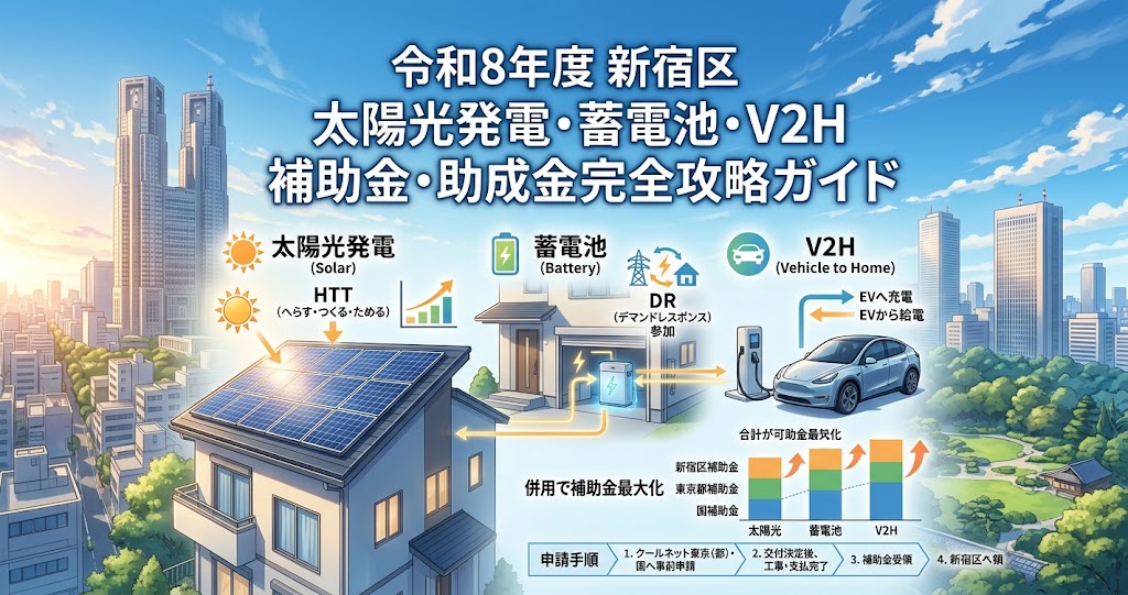 アニメ映画風の新宿の街並みを背景に、太陽光パネル、蓄電池、V2Hを備えたスマートハウスを描いたインフォグラフィック。上部には「令和8年度新宿区太陽光発電・蓄電池・V2H補助金・助成金完全攻略ガイド」のタイトルがあり、下部には「併用で補助金最大化」と「申請手順」の図解が示されている。