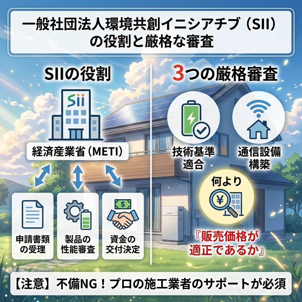 一般社団法人環境共創イニシアチブ(SII)によるDR補助金の役割と3つの厳格な審査(技術基準適合、通信設備構築、販売価格の適正さ)を説明するインフォグラフィック。経済産業省からの委託とプロの施工業者のサポートの必要性も記載。