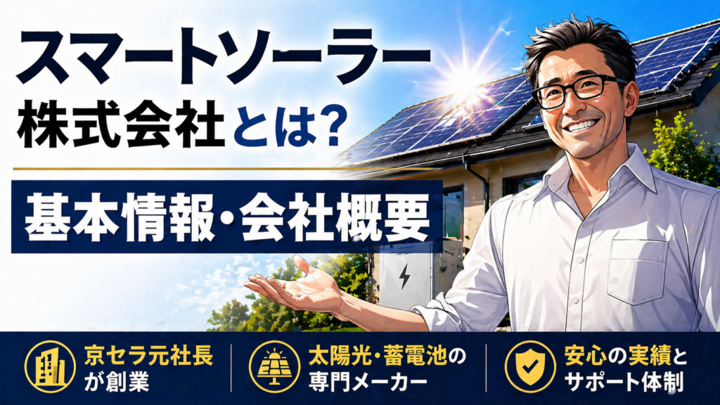 スマートソーラー株式会社の基本情報や会社概要を紹介するための画像で、太陽光パネルを設置した住宅と蓄電池設備が描かれ、再生可能エネルギーの活用をイメージできる内容です