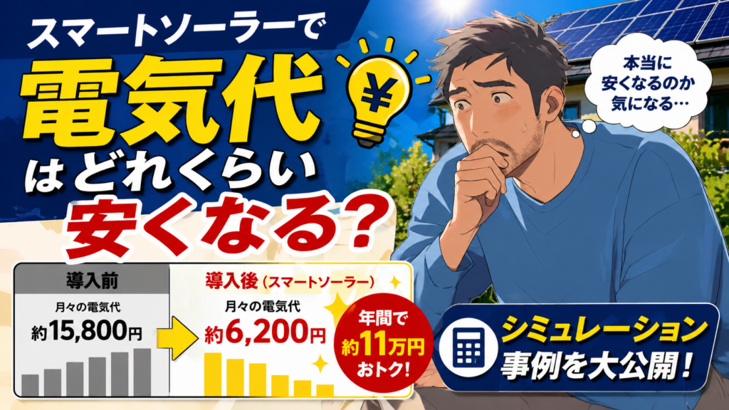 スマートソーラーで電気代がどれくらい安くなるかをシミュレーションし、太陽光発電住宅と不安そうに考える男性を描いたイメージ