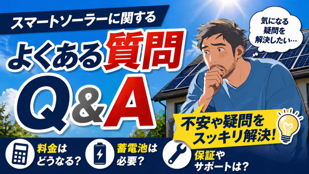 スマートソーラーに関するよくある質問と回答を紹介し、料金や蓄電池、保証の疑問を解説する男性のイメージ
