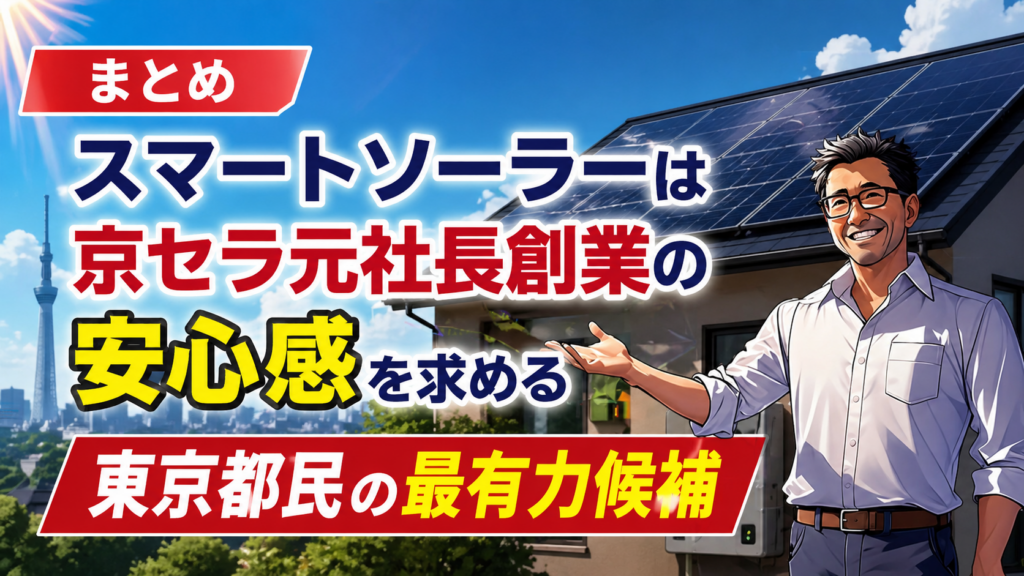 スマートソーラーが京セラ元社長創業の安心感を求める東京都民の有力候補であることを示す太陽光発電住宅と男性のイメージ