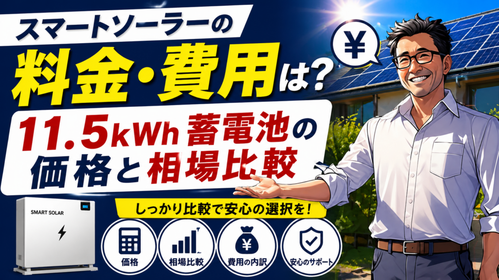 スマートソーラーの料金と費用を解説するため、11.5kWh蓄電池の価格と相場比較をテーマにした太陽光発電住宅と男性のイメージ
