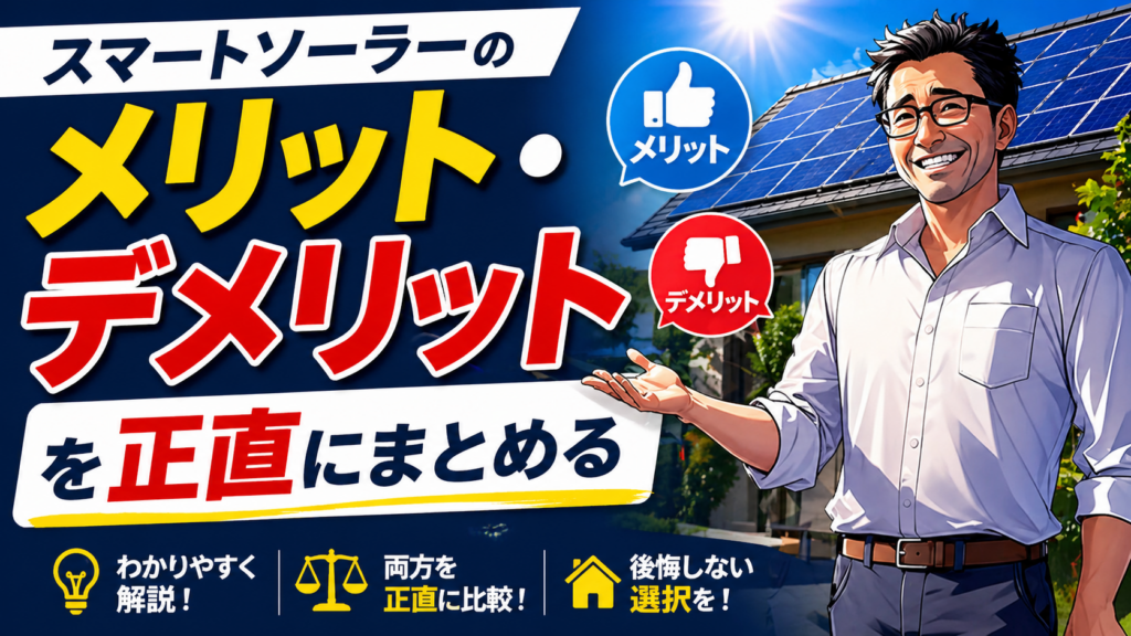 スマートソーラーのメリットとデメリットを正直に比較し、太陽光発電住宅を背景に男性がわかりやすく解説するイメージ