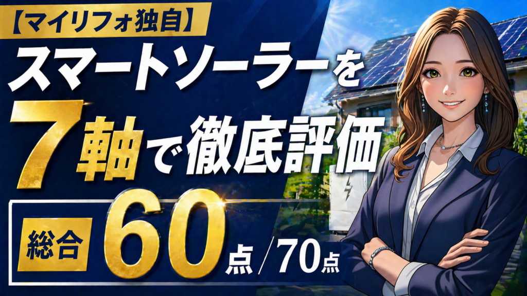 スマートソーラーを7つの観点で評価し総合60点の結果を示す、太陽光発電と蓄電池の住宅を背景にした女性のイメージ