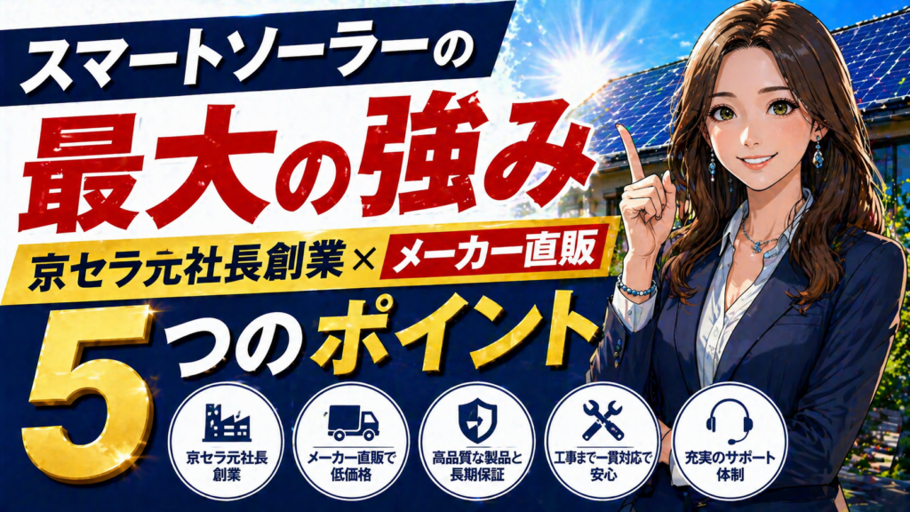 スマートソーラーの強みを解説するため、京セラ元社長創業とメーカー直販のメリットを訴求した太陽光発電と蓄電池の住宅背景の女性イメージ
