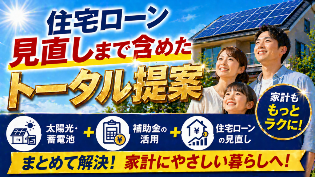 太陽光発電と蓄電池の導入だけでなく住宅ローン見直しまで含めたトータル提案で家計改善を実現できることを表現したアイキャッチ画像
