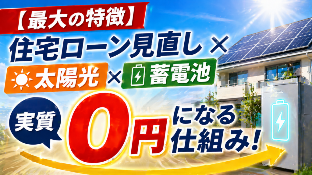 住宅ローン見直しと太陽光発電と蓄電池の組み合わせで実質0円になる仕組みを分かりやすく表現したアイキャッチ画像
