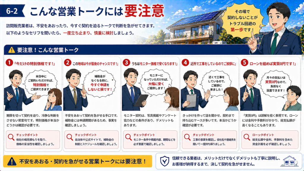 訪問販売業者の注意すべき営業トークや契約前に確認したいポイントを解説する画像