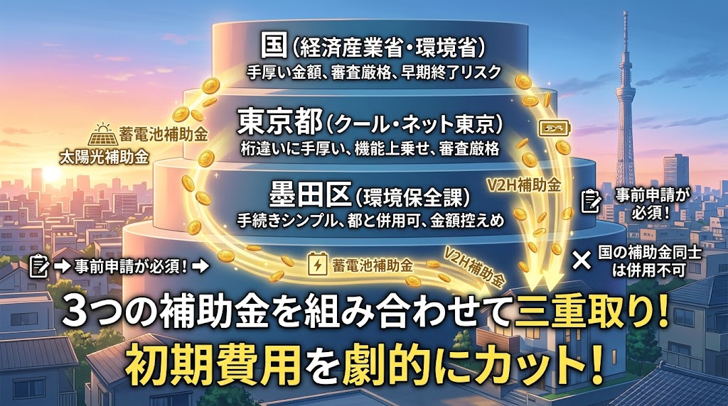 2026年度（令和8年度）墨田区の太陽光発電システム、家庭用蓄電池、V2H充放電設備に関する、国、東京都、墨田区それぞれの補助金制度の詳細（申請期間、対象、金額、例年の終了タイミング、注意点）をまとめた一覧表。3つの行政機関の補助金を組み合わせて初期費用を劇的にカットできることを説明。