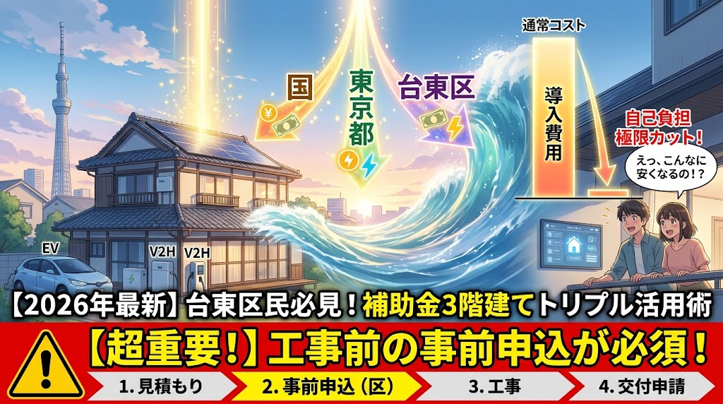 2026年最新の東京都台東区における太陽光発電、蓄電池、V2H(電気自動車充放電設備)の補助金を解説したインフォグラフィック。国、東京都、台東区の3つの制度を併用して自己負担を減らす方法や、工事前の事前申込が必須であること、そして申請のタイムスケジュール(見積もり、事前申込、工事、交付申請)が示されている。新海誠風のアニメイラストで、東京スカイツリーの見える台東区の街並みと、設備が設置された住宅が描かれている。