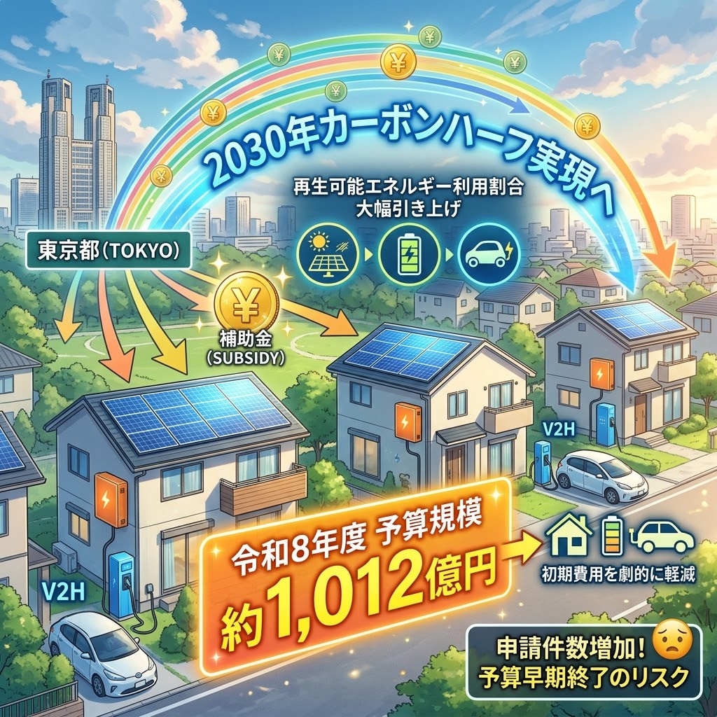 東京都が2030年カーボンハーフ実現へ向け、太陽光発電、蓄電池、V2H、EVの普及を推進。令和8年度(2026年度)の補助金予算規模は約1,012億円で、初期費用を軽減する。申請件数増加による予算早期終了のリスクも記載したインフォグラフィック。