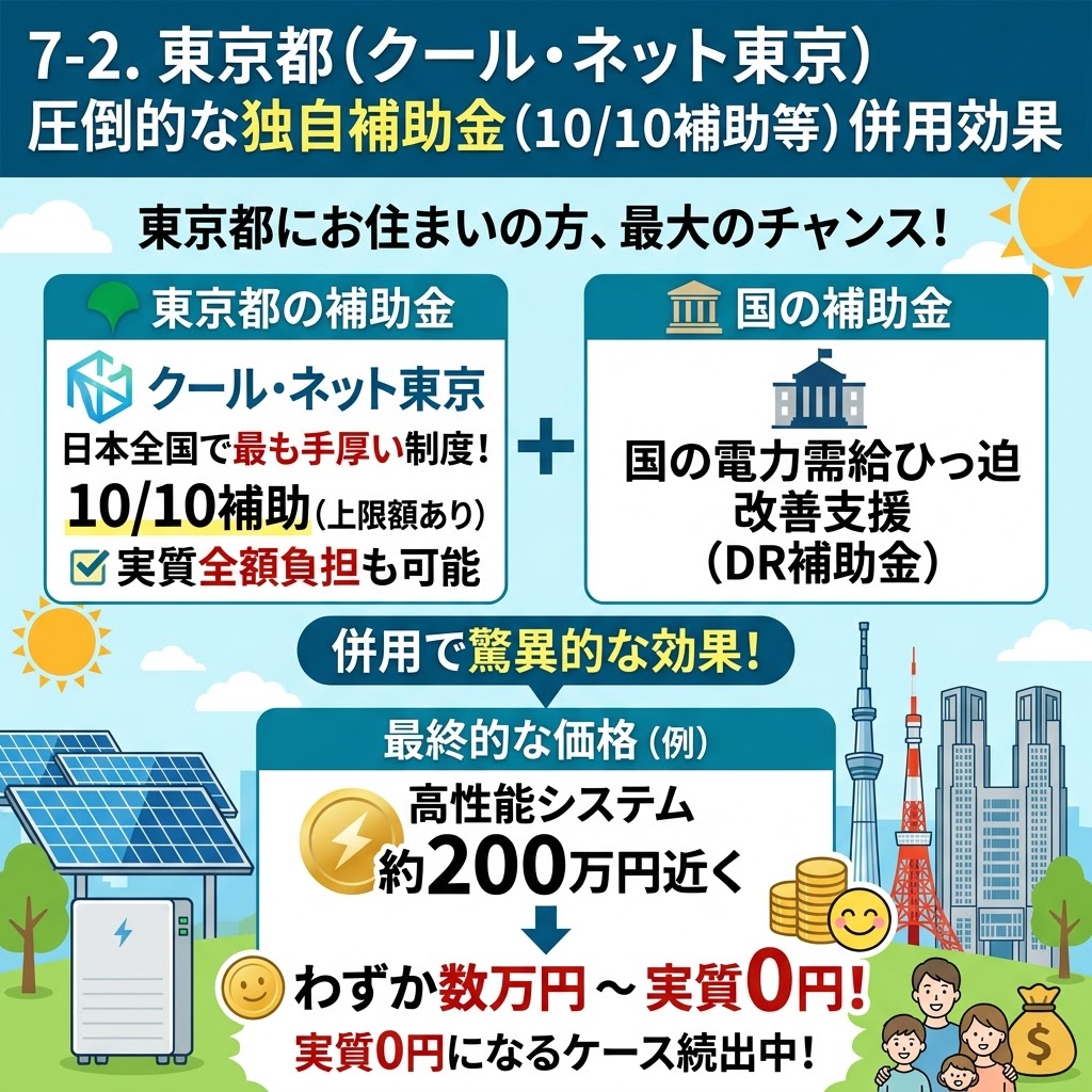「7-2. 東京都(クール・ネット東京) 圧倒的な独自補助金(10/10補助等)併用効果」というタイトルのインフォグラフィック。東京都にお住まいの方に向けた最大のチャンスを伝えている。東京都の補助金(クール・ネット東京)は日本全国で最も手厚く、10/10補助(上限あり)で実質全額負担も可能。これと国の「電力需給ひっ迫改善支援(DR補助金)」を併用することで、驚異的な効果が得られると解説。具体的な価格例として、約200万円の高性能システムが、併用により「わずか数万円〜実質0円」になり、実質0円になるケースが続出していることを明記。背景には太陽光パネル、蓄電池、東京の街並み(スカイツリー、東京タワー)、家族、笑顔のアイコン、小銭、札束のイラストがある。