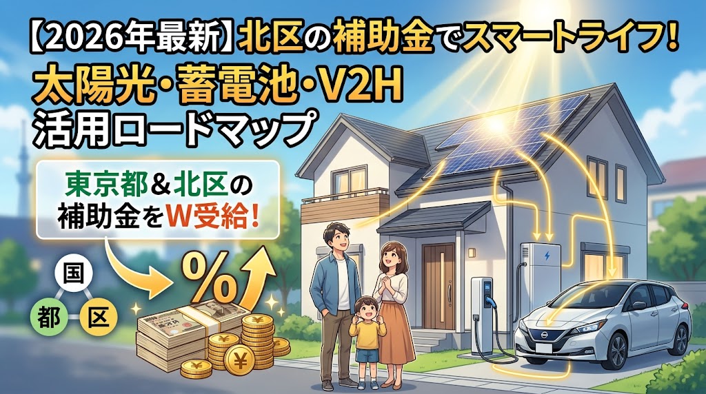 【2026年最新】北区の補助金でスマートライフ！太陽光・蓄電池・V2H活用ロードマップを解説するイラスト。東京都と北区の補助金をW受給できることを示唆。家族とスマートホーム。