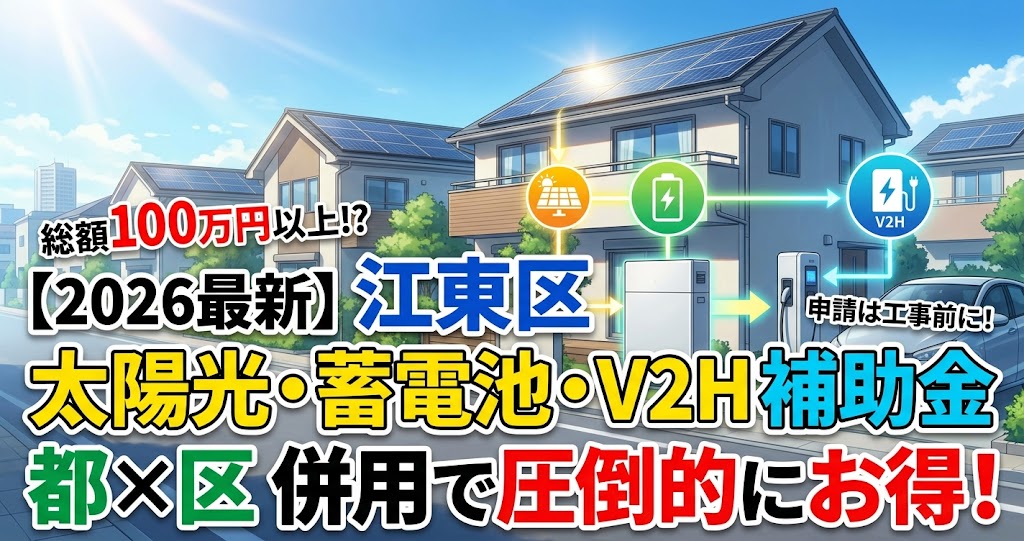 2026年最新の東京都江東区における太陽光発電・蓄電池・V2H補助金を説明するアイキャッチ画像。新海誠風のアニメ調で、太陽光パネル、蓄電池、V2H、EVが設置された住宅を描画。テキストで「総額100万円以上!?」「都×区 併用で圧倒的にお得!」「申請は工事前に!」と伝え、補助金額や申請のポイントを視覚的に表現。