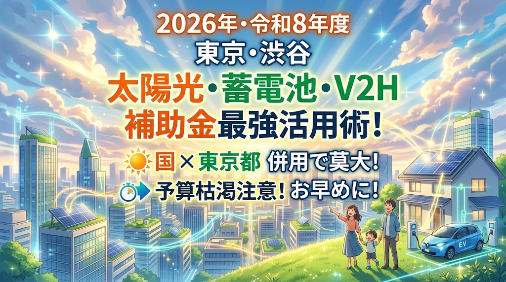 2026 (Reiwa 8) Shibuya Tokyo Solar Power, Battery, V2H Subsidy Guide Anime Illustration. Shows family, EV, and cityscape with solar panels.
