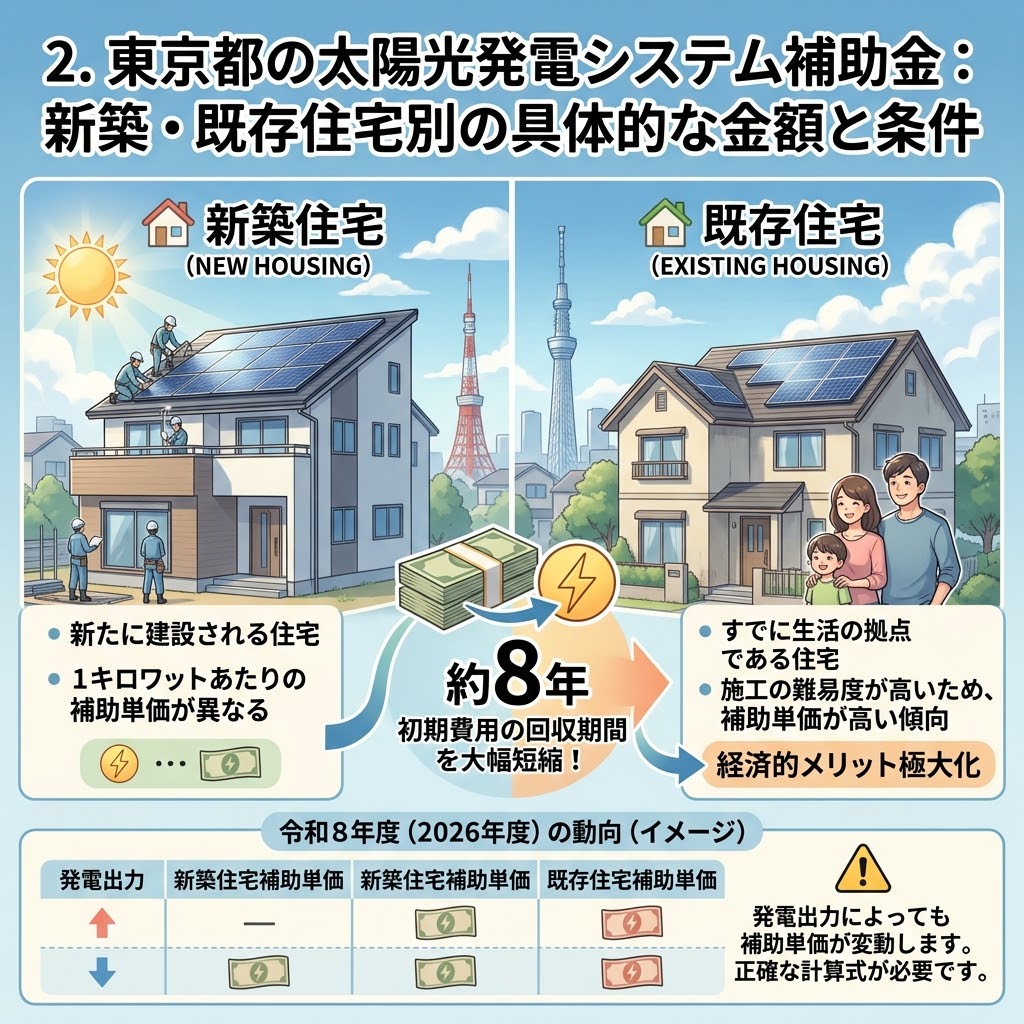 東京都の太陽光発電システム補助金について、新築住宅と既存住宅の条件と金額の違いを解説したインフォグラフィック。補助金を活用することで初期費用の回収期間が約8年に短縮されるメリットや、発電出力や住宅種別によって補助単価が変動する注意点がまとめられています。