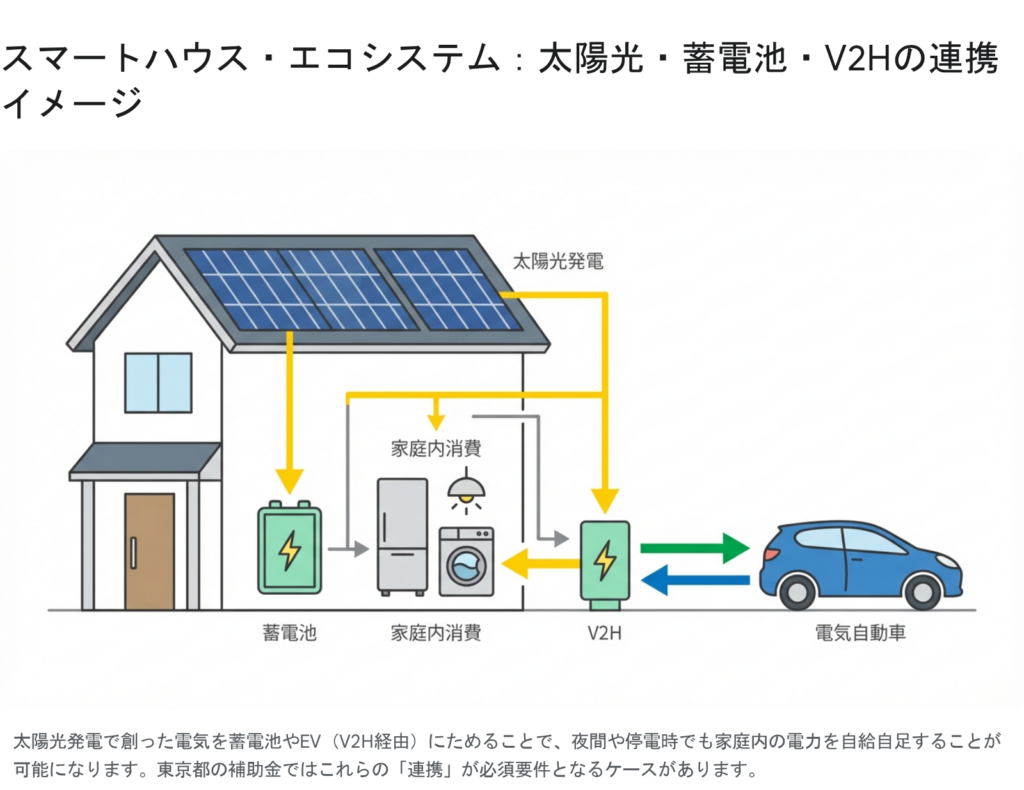 太陽光発電、蓄電池、V2Hと電気自動車を連携させたスマートホームにおける電力の流れを示す概念図