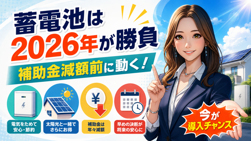 森川さんが品川区での蓄電池導入は2026年が勝負と案内し、補助金減額前の早期判断、太陽光連携、次年度の申請期間・先着順での電気代節約を強調する画像