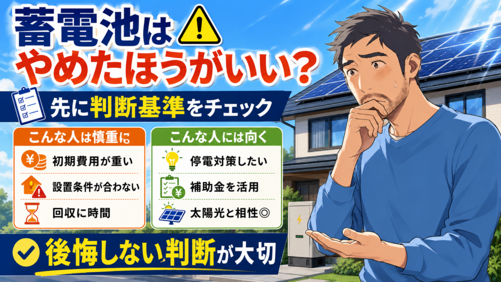 佐藤さんが品川区で蓄電池をやめたほうがいい人と向いている人の判断基準を示し、初期費用や補助金活用を解説する画像