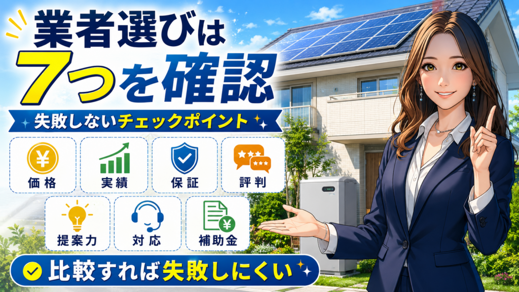 森川さんが品川区の蓄電池業者選びの7つのチェックポイントを案内し、価格・実績・保証・評判・提案力・対応・品川区助成事業対応力を示す画像