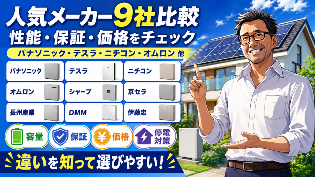 松本さんが品川区民向けに人気の蓄電池メーカー9社を比較し、性能・保証・価格・容量・停電対策の違いをわかりやすく示す画像