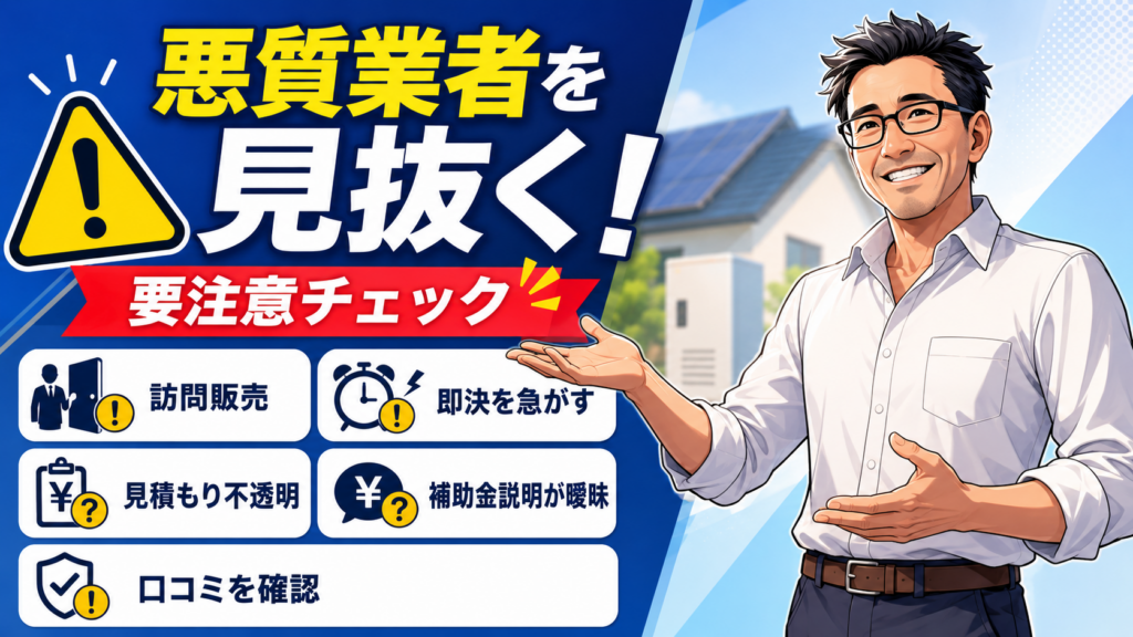 品川区民が蓄電池の悪質業者を見抜くために、訪問販売・即決要求・不透明な見積もり・補助金説明・口コミ確認を示す注意喚起画像