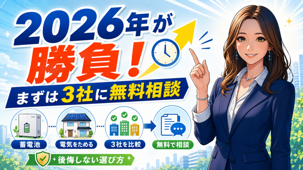 品川区での蓄電池設置は2026年が重要なタイミングで、蓄電池・住宅・3社比較・無料相談の流れを示すまとめ画像