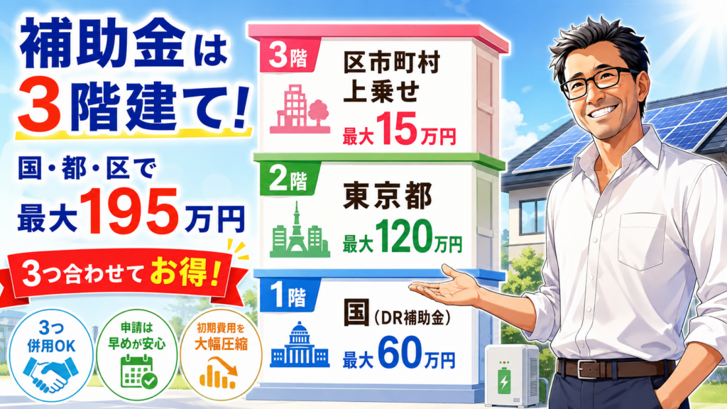 松本さんが品川区の蓄電池補助金の3階建て構造を解説し、国のDR補助金、東京都、品川区の上乗せで最大270万円を示す画像
