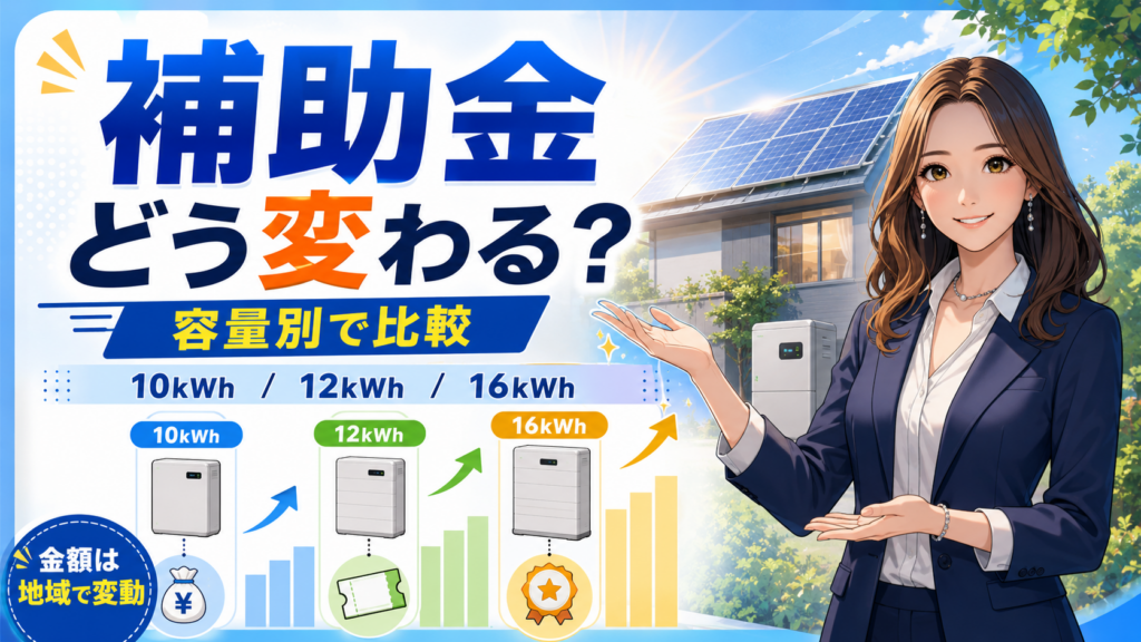 品川区の蓄電池補助金が容量別にどう変わるかを、10kWh・12kWh・16kWhの比較と住宅用蓄電池で示し、太陽光発電とのセット導入による品川区独自助成の組み合わせ効果を解説する画像