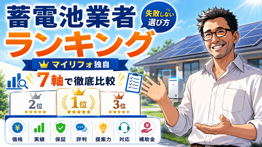 松本さんが品川区28選の蓄電池業者ランキングを案内し、価格・実績・保証・評判・提案力・対応・補助金の7軸比較で品川区民が業者を選ぶ基準を示す画像