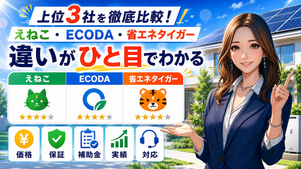 森川さんが品川区対応の上位3社えねこ・ECODA・省エネタイガーを比較し、品川区の助成事業（設備設置完了後申請・通年受付（先着順））への対応力と価格・保証・補助金・実績・対応の違いを示す画像