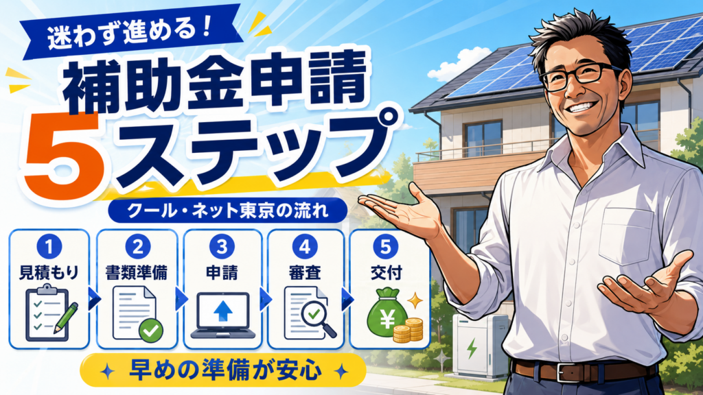 松本さんが品川区の蓄電池補助金申請の5ステップを案内し、見積もり、書類準備、申請、審査、交付までの流れを解説する画像