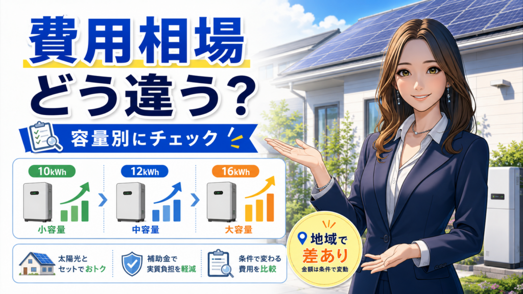 品川区の蓄電池の設置費用相場が容量や条件で変わることを、10kWh・12kWh・16kWhの比較と住宅設備で示す解説画像