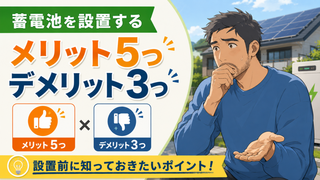 品川区で蓄電池を設置する前に知っておきたいメリット5つとデメリット3つを、佐藤さんと住宅用蓄電池で示す解説画像